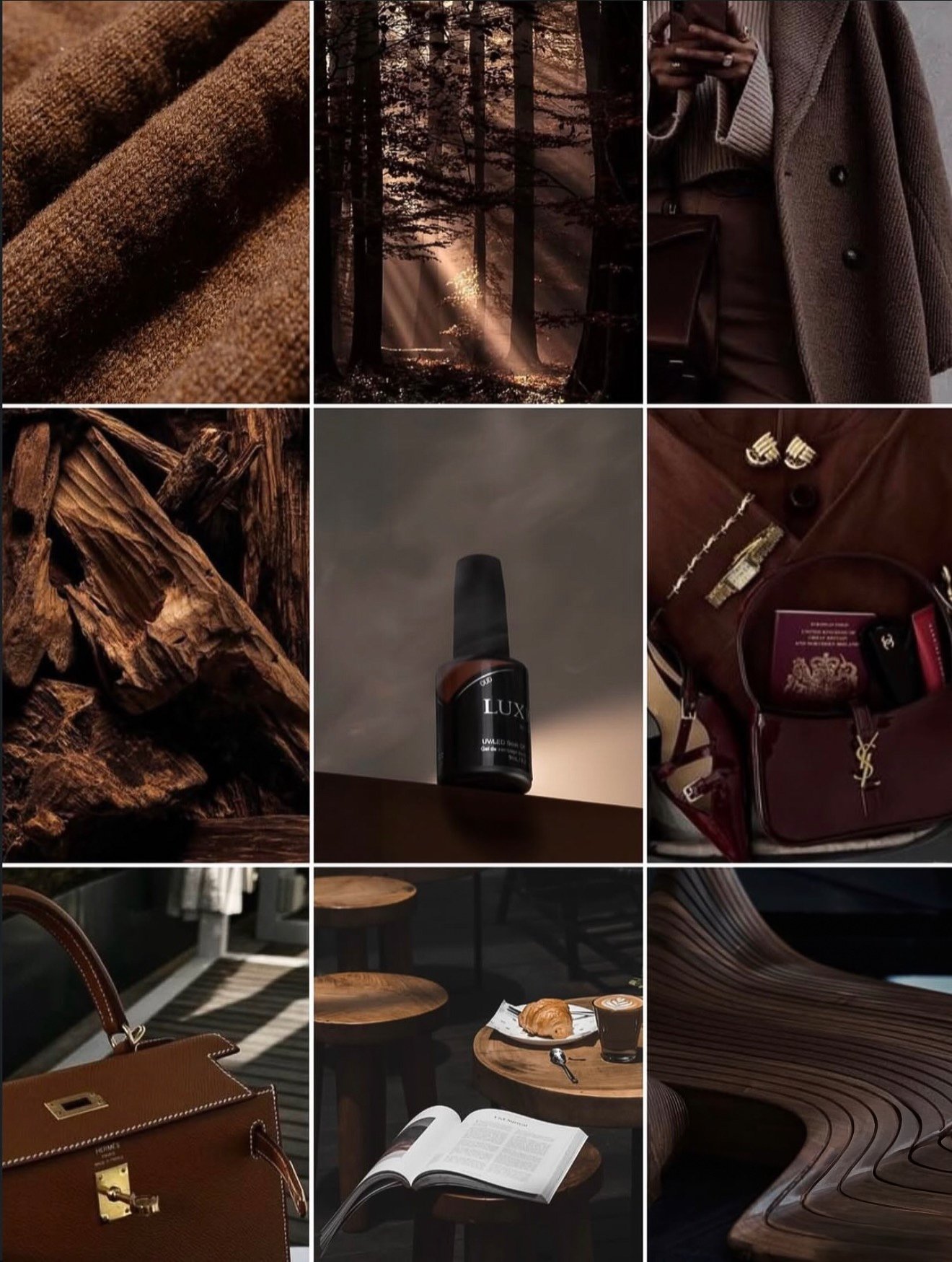 Moodboard Luxio nei toni del marrone e del cioccolato